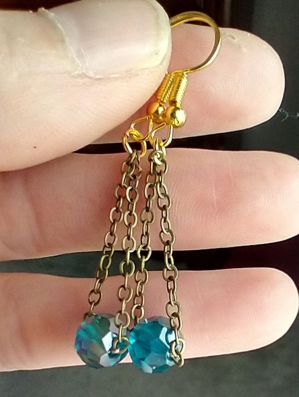 Hand Crafted Gold Chain Drop Earrings with Teal Crystal Beads